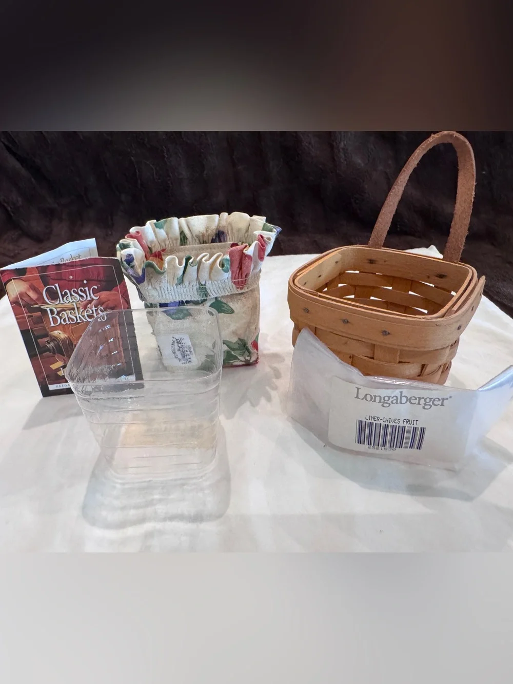 Longaberger Brown Woven Basket with Floral Ruffled Liner